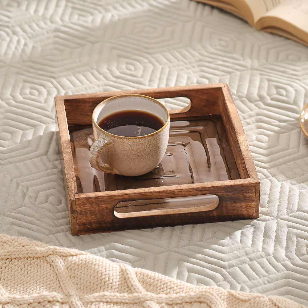 Vara Glass & Wood Square Serving Tray Mini - Natural Brown