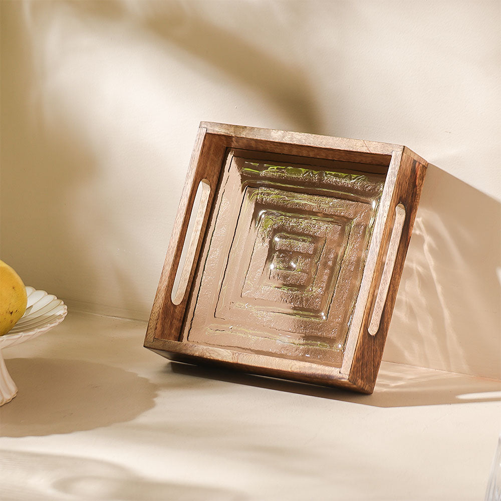 Vara Glass & Wood Square Serving Tray Mini - Natural Brown