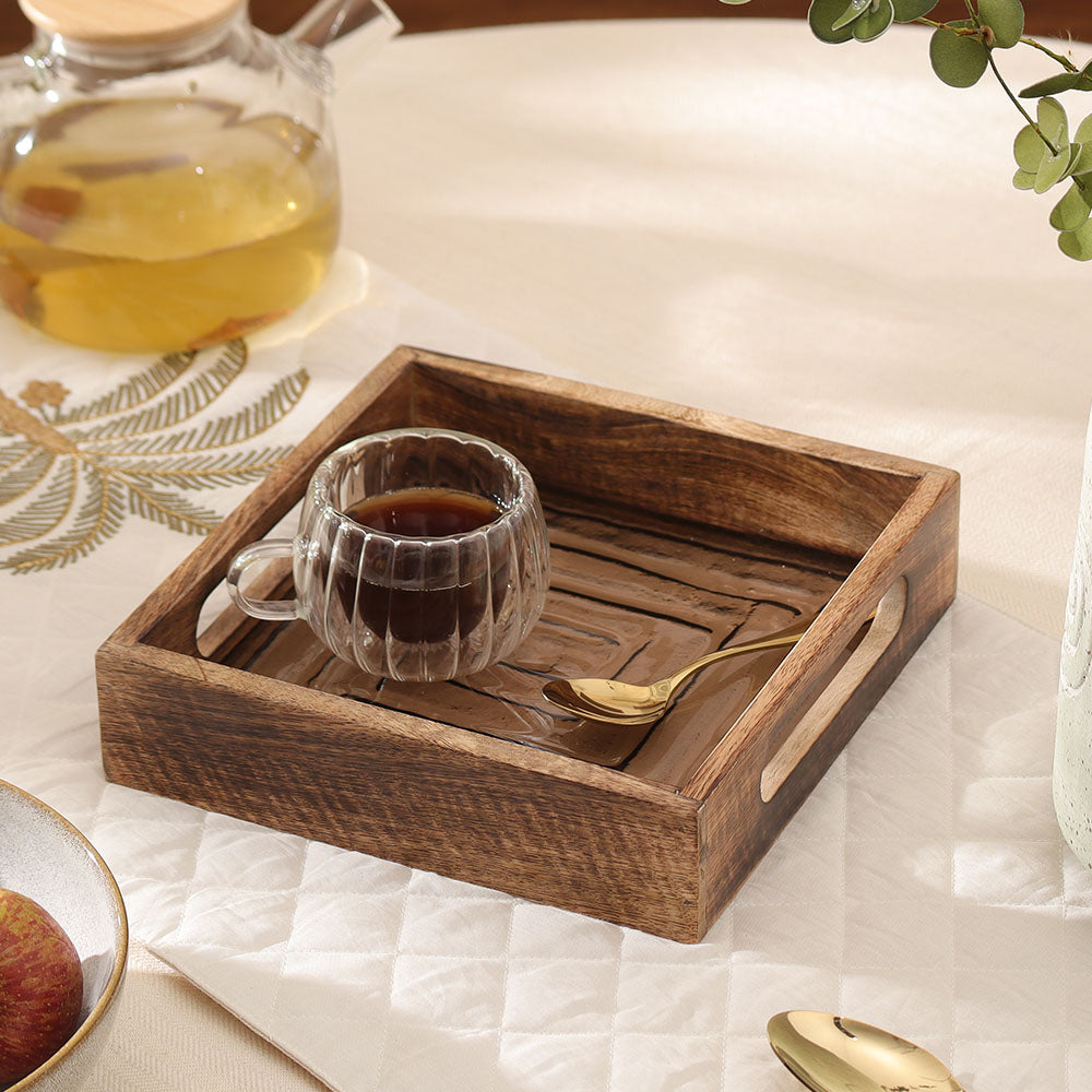 Vara Glass & Wood Square Serving Tray Mini - Natural Brown