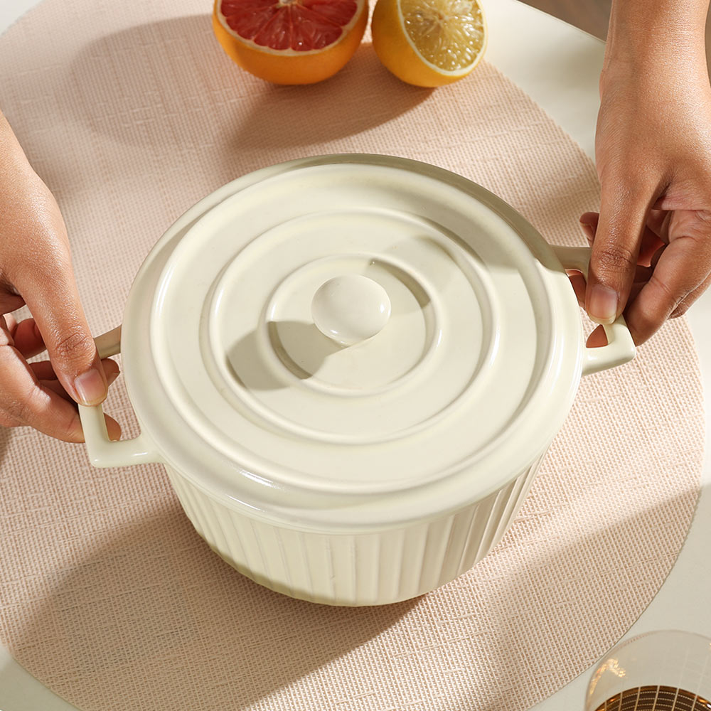 Vida Ceramic Fluted Serving Pot with Lid - Cream