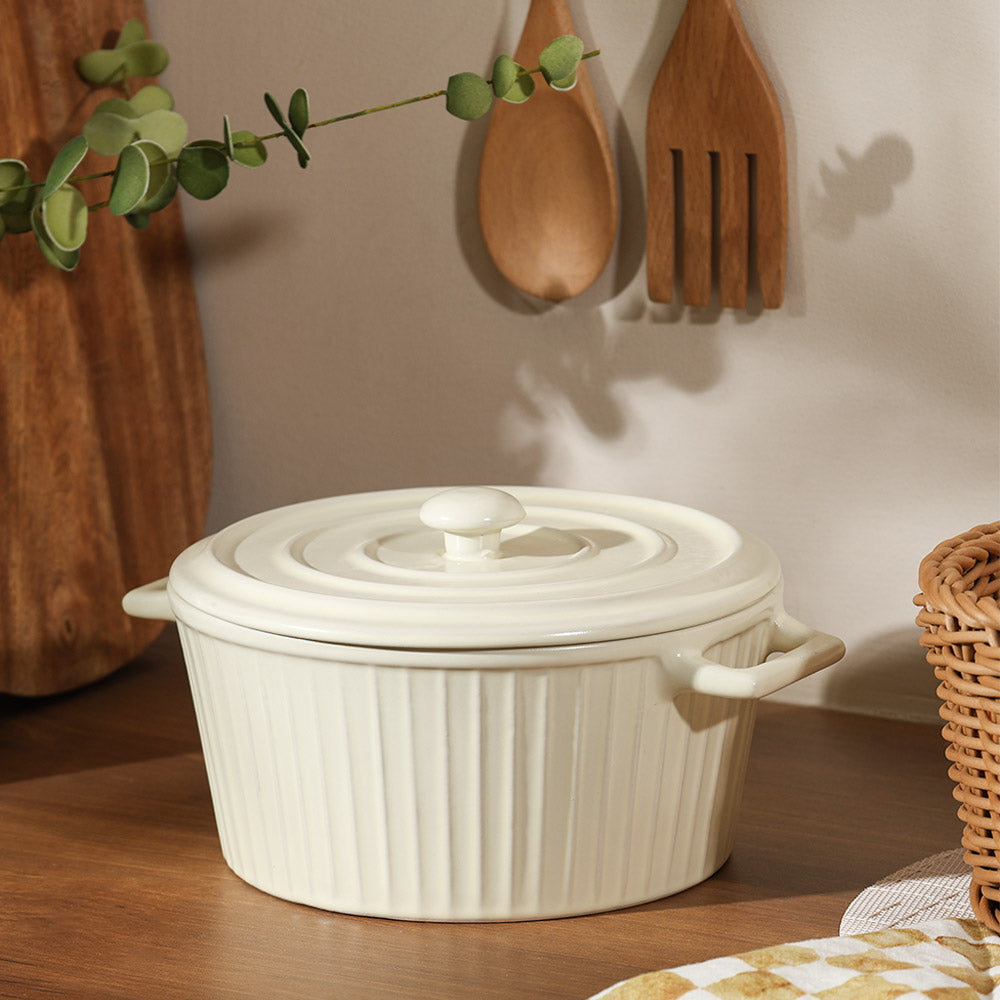 Vida Ceramic Fluted Serving Pot with Lid - Cream
