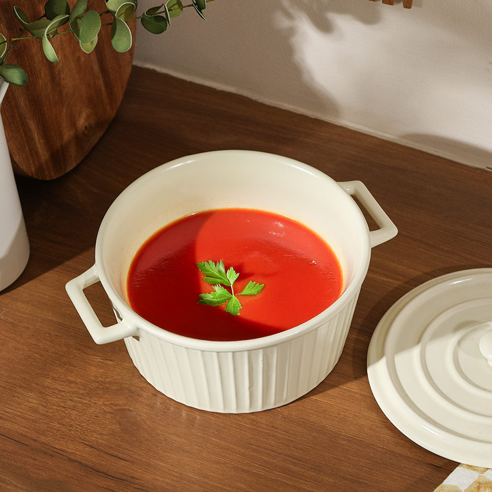 Vida Ceramic Fluted Serving Pot with Lid - Cream