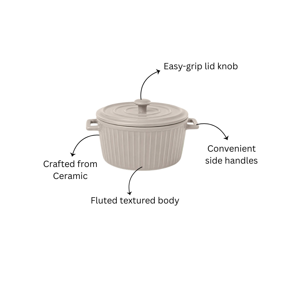 Vida Ceramic Fluted Serving Pot with Lid - Beige