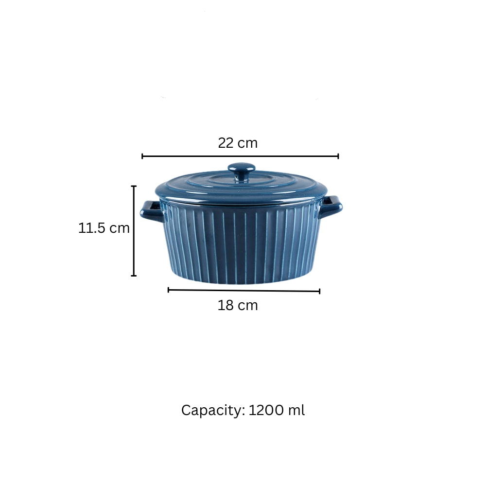 Vida Ceramic Fluted Serving Pot with Lid - Navy