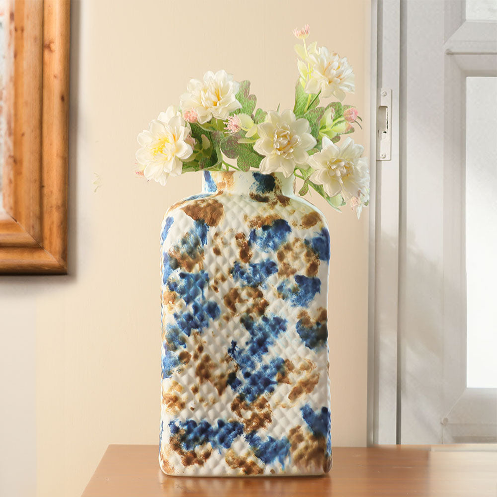 Serpentine Textured Glass Vase Large - White & Blue