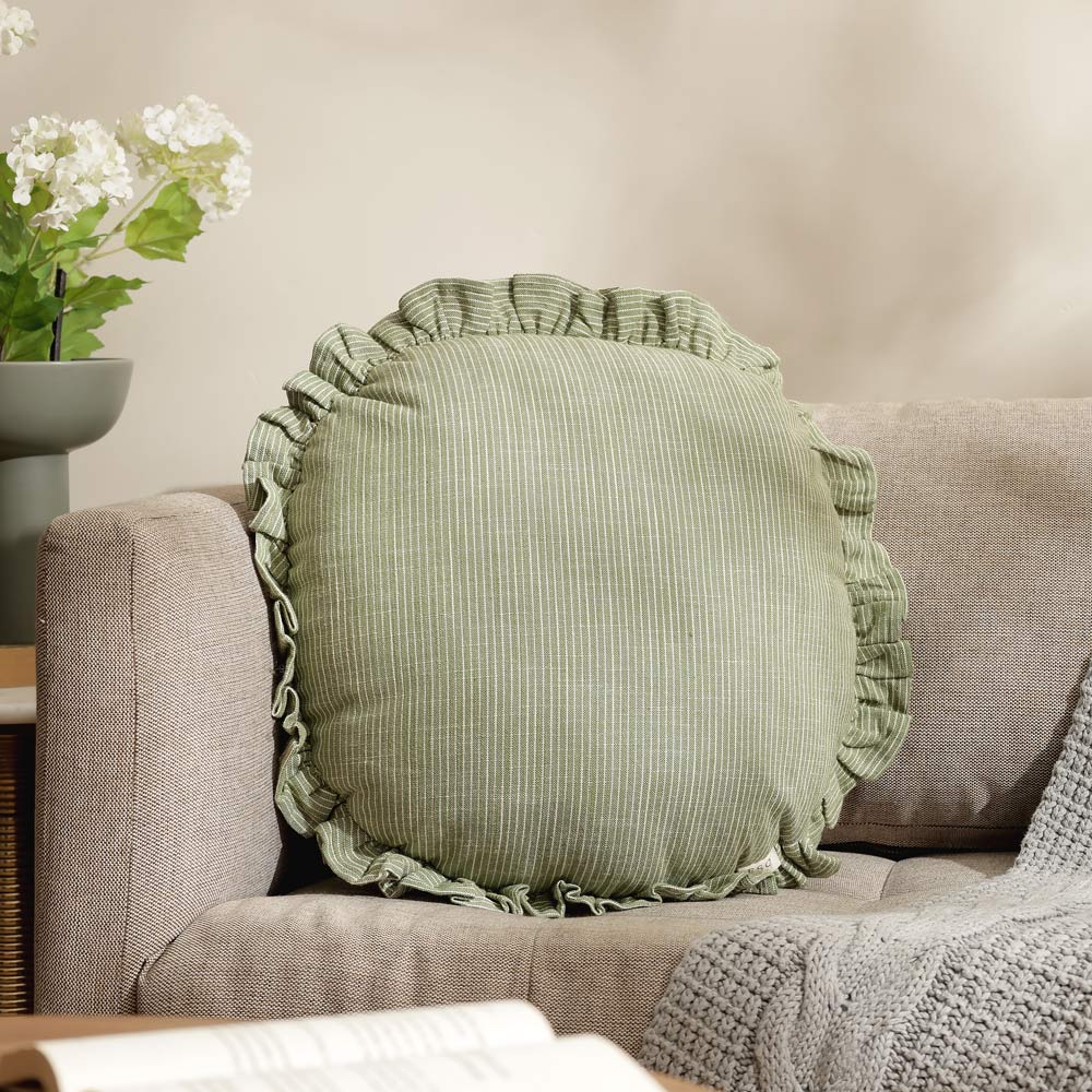 Viria Round Frilled Cushion Cover 45cm - Green White