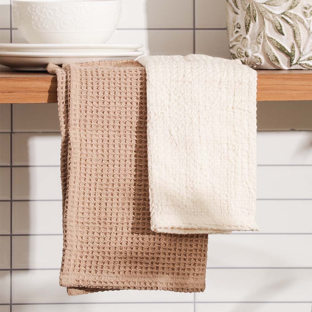 Waffle Kitchen Towels Small, Set of 2 - Ivory Tan