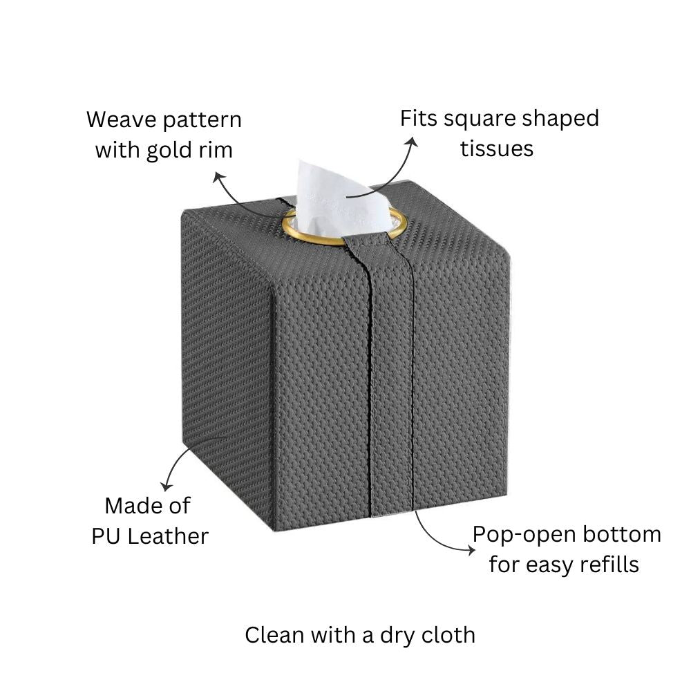 Weave Square Tissue Box Holder - Dark Grey & Gold