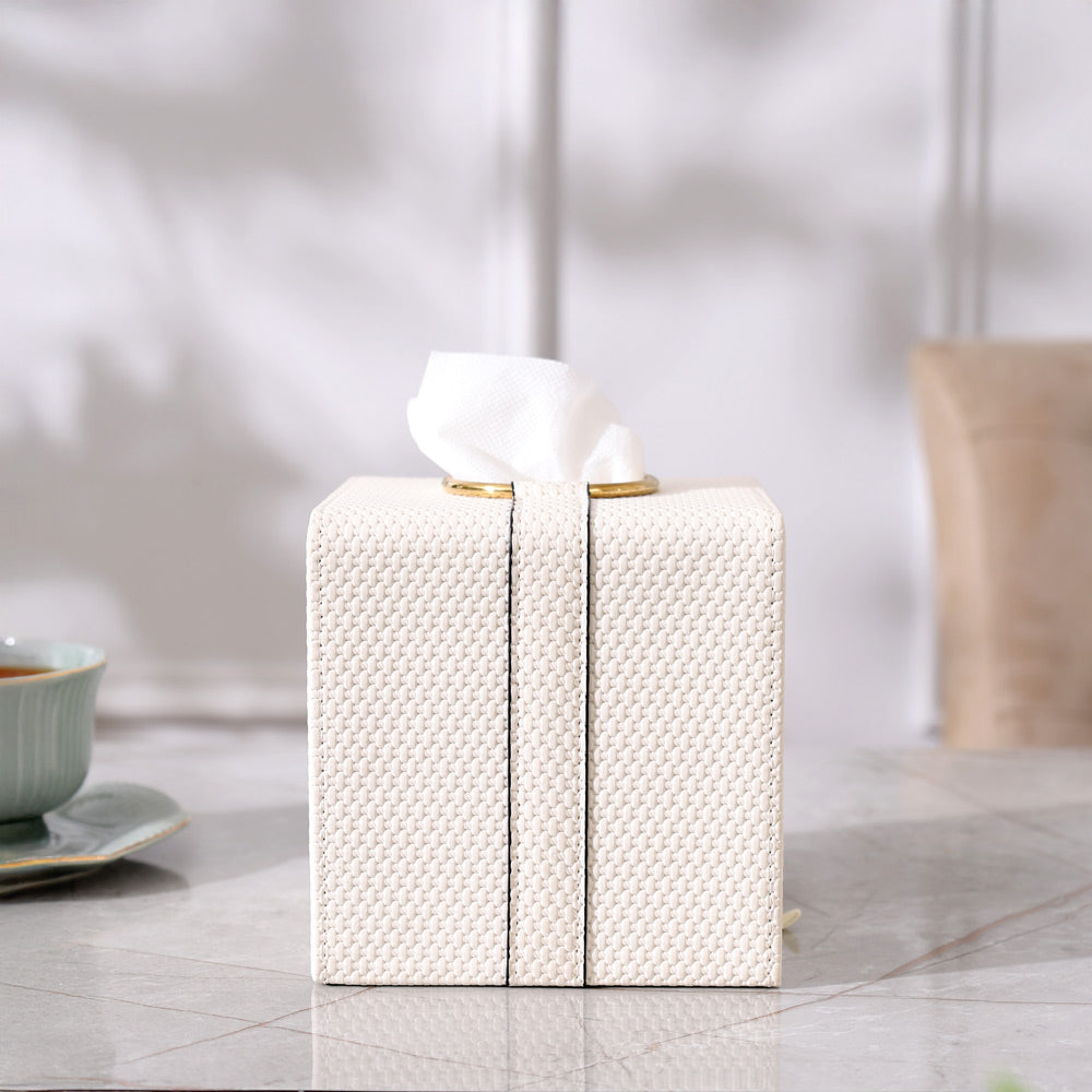 Weave Square Tissue Box Holder - White & Gold