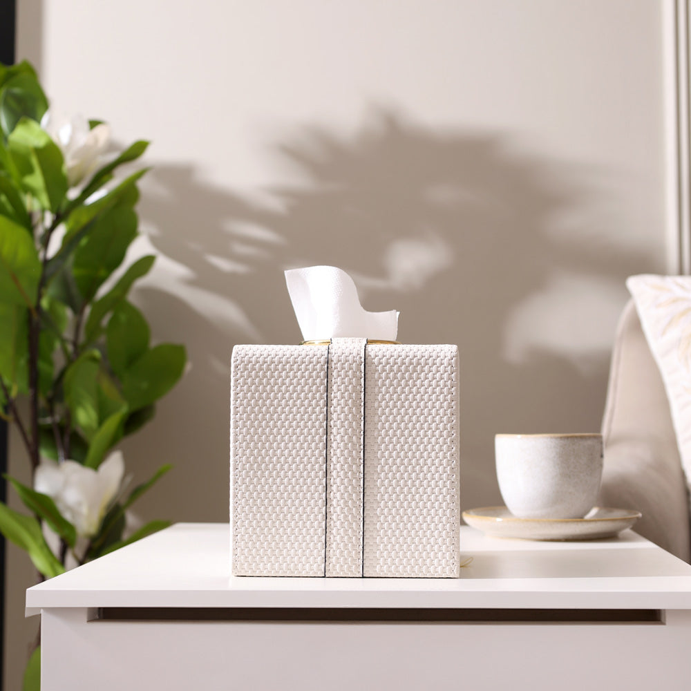 Weave Square Tissue Box Holder - White & Gold