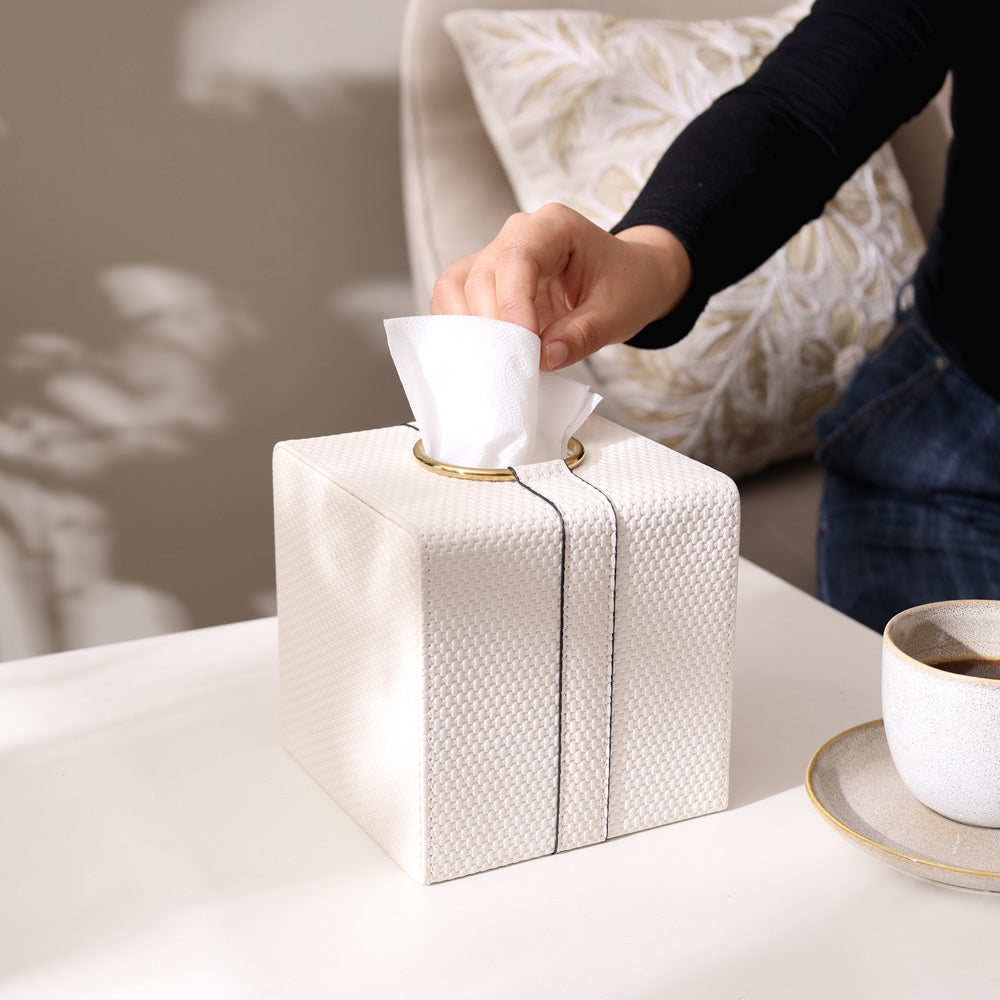 Weave Square Tissue Box Holder - White & Gold