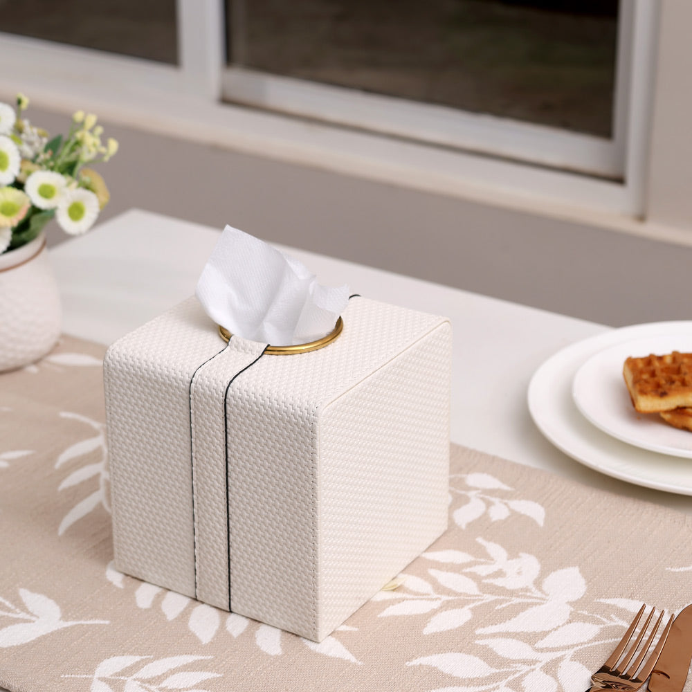 Weave Square Tissue Box Holder - White & Gold