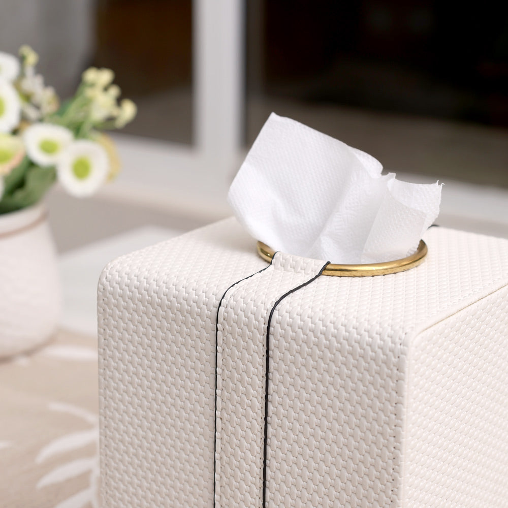 Weave Square Tissue Box Holder - White & Gold
