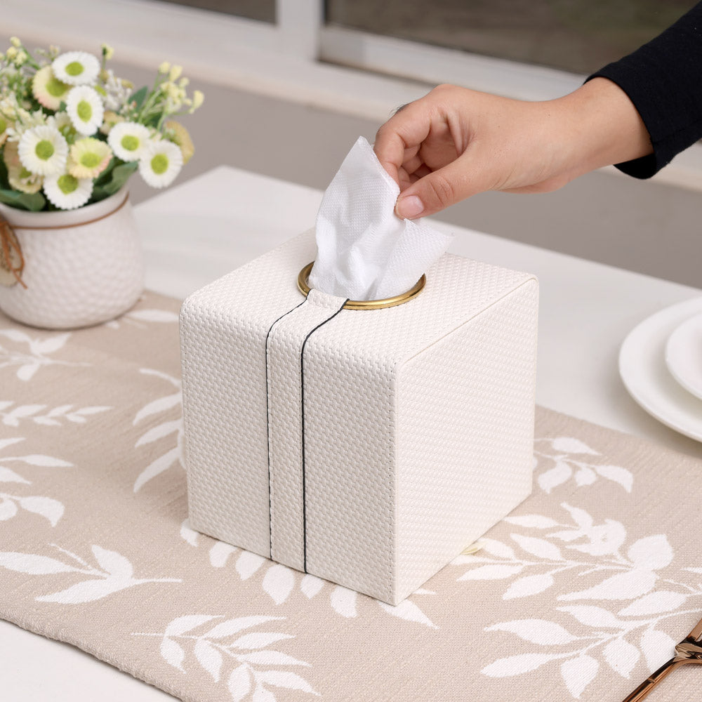 Weave Square Tissue Box Holder - White & Gold