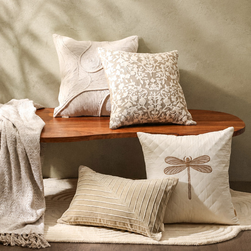 Whirl Embroidered Cotton Cushion Cover 45x45cm - Cream