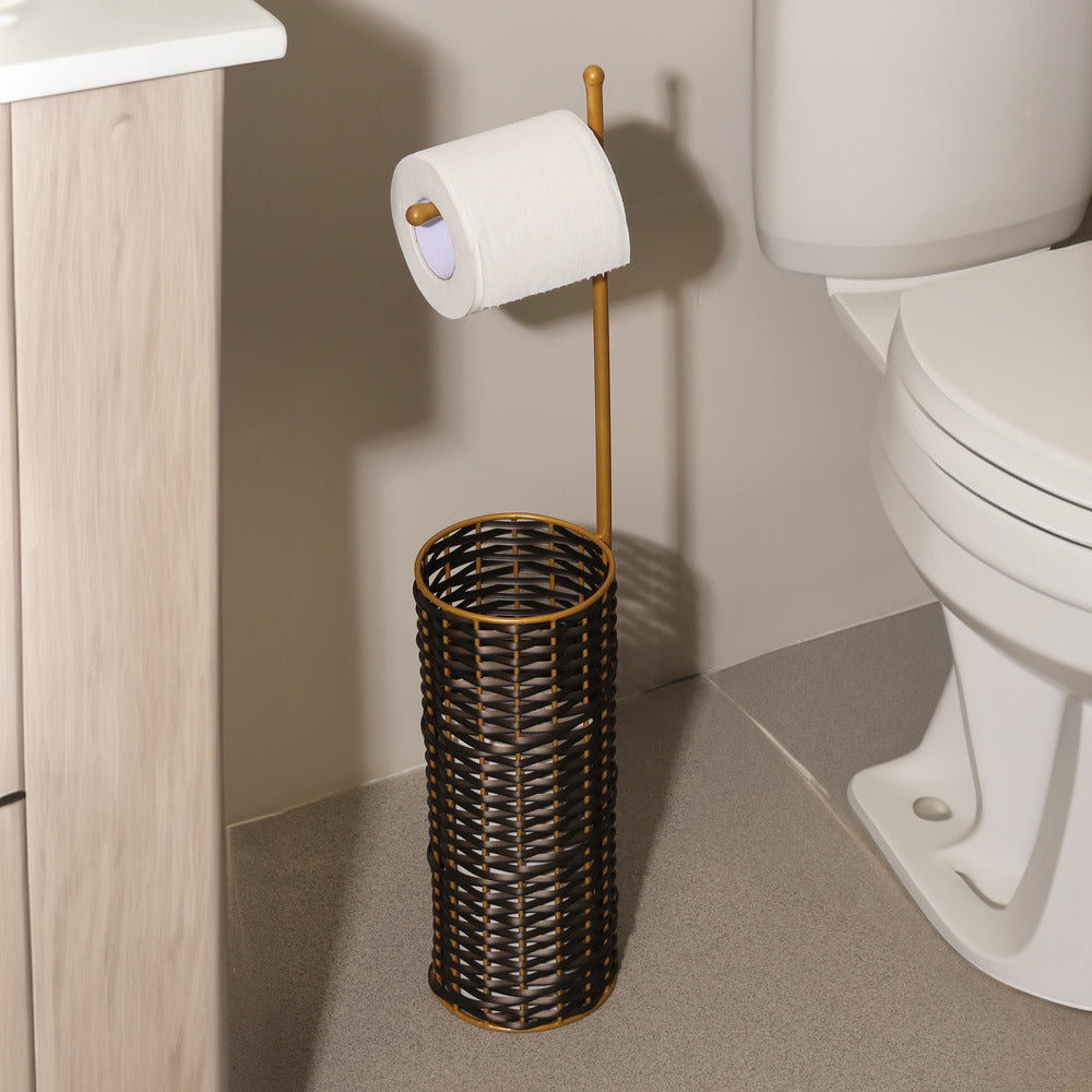 Wicker Toilet Roll Holder with Storage - Brown Gold