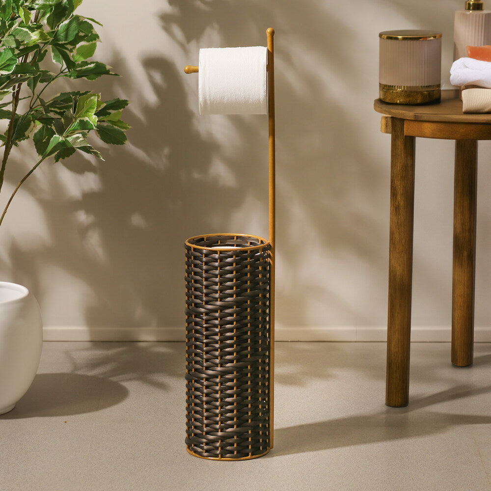 Wicker Toilet Roll Holder with Storage - Brown Gold
