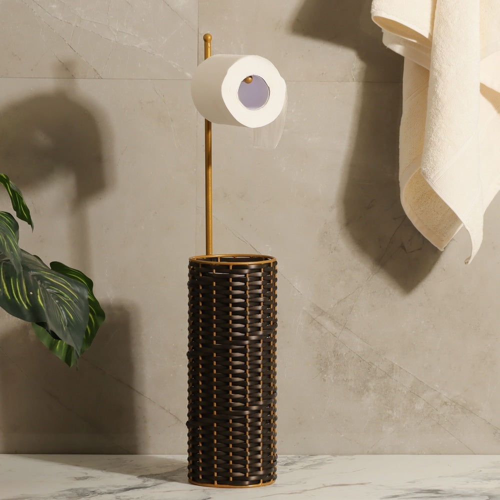 Wicker Toilet Roll Holder with Storage - Brown Gold