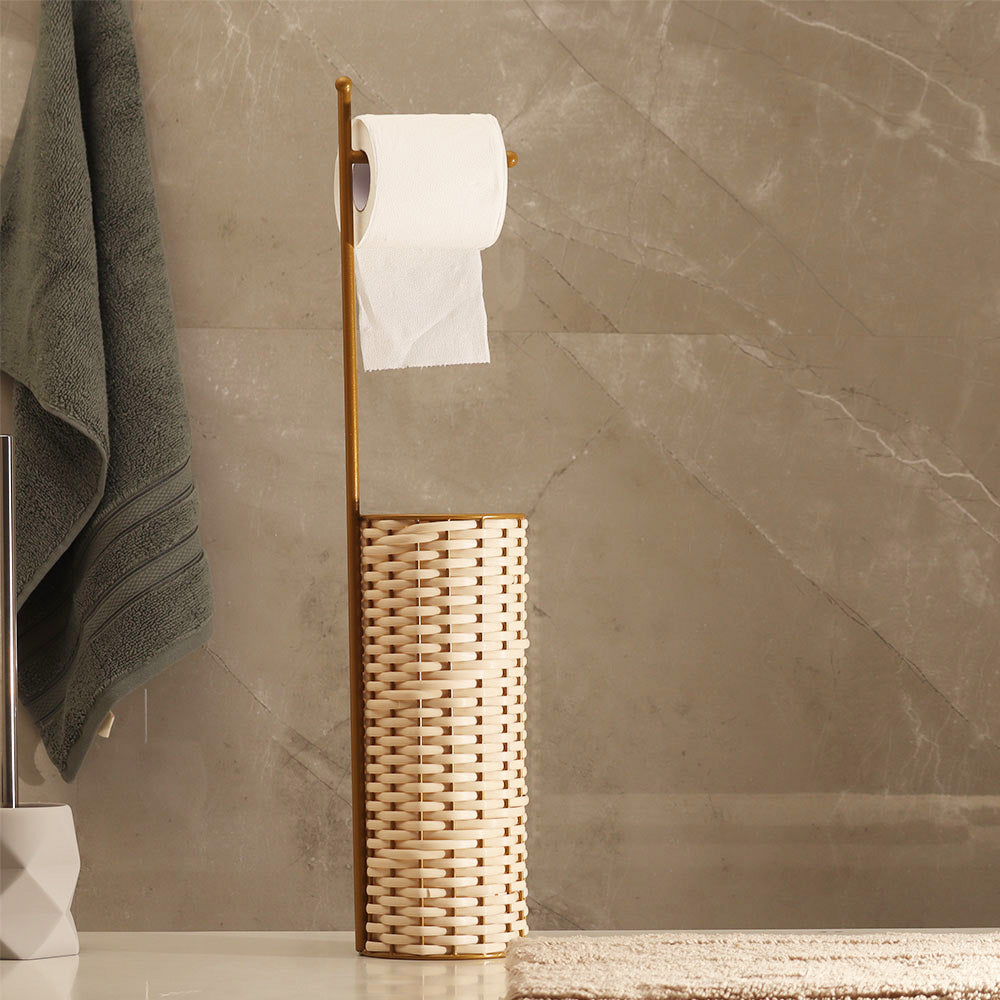 Wicker Toilet Roll Holder with Storage - Cream Gold
