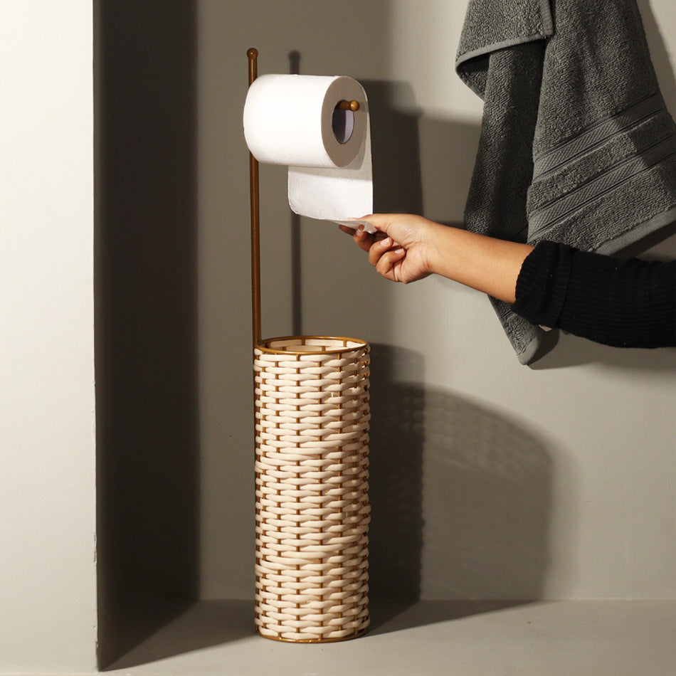 Wicker Toilet Roll Holder with Storage - Cream Gold