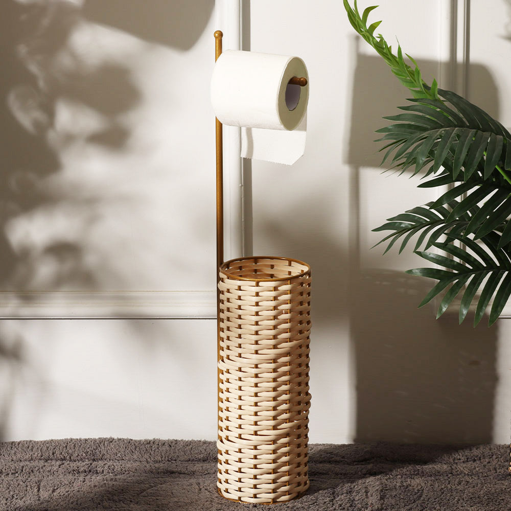 Wicker Toilet Roll Holder with Storage - Cream Gold