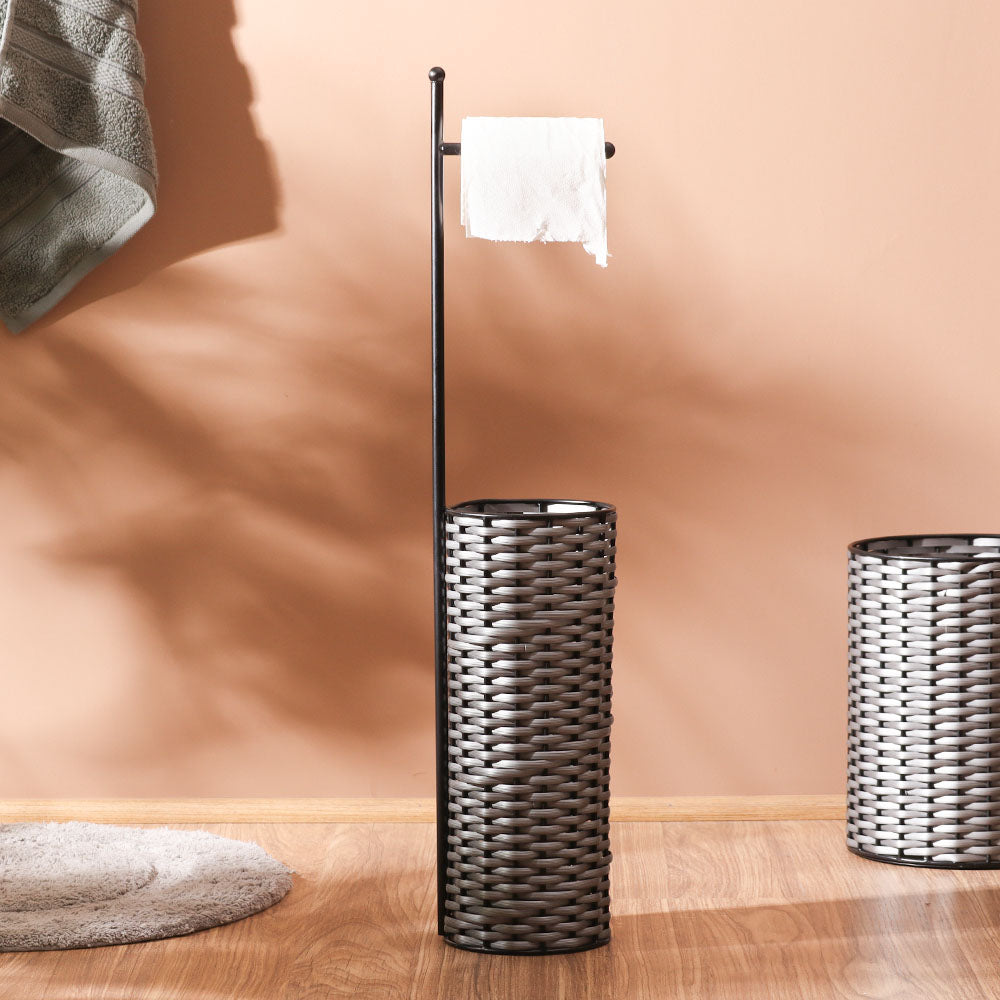 Wicker Toilet Roll Holder with Storage - Grey Black