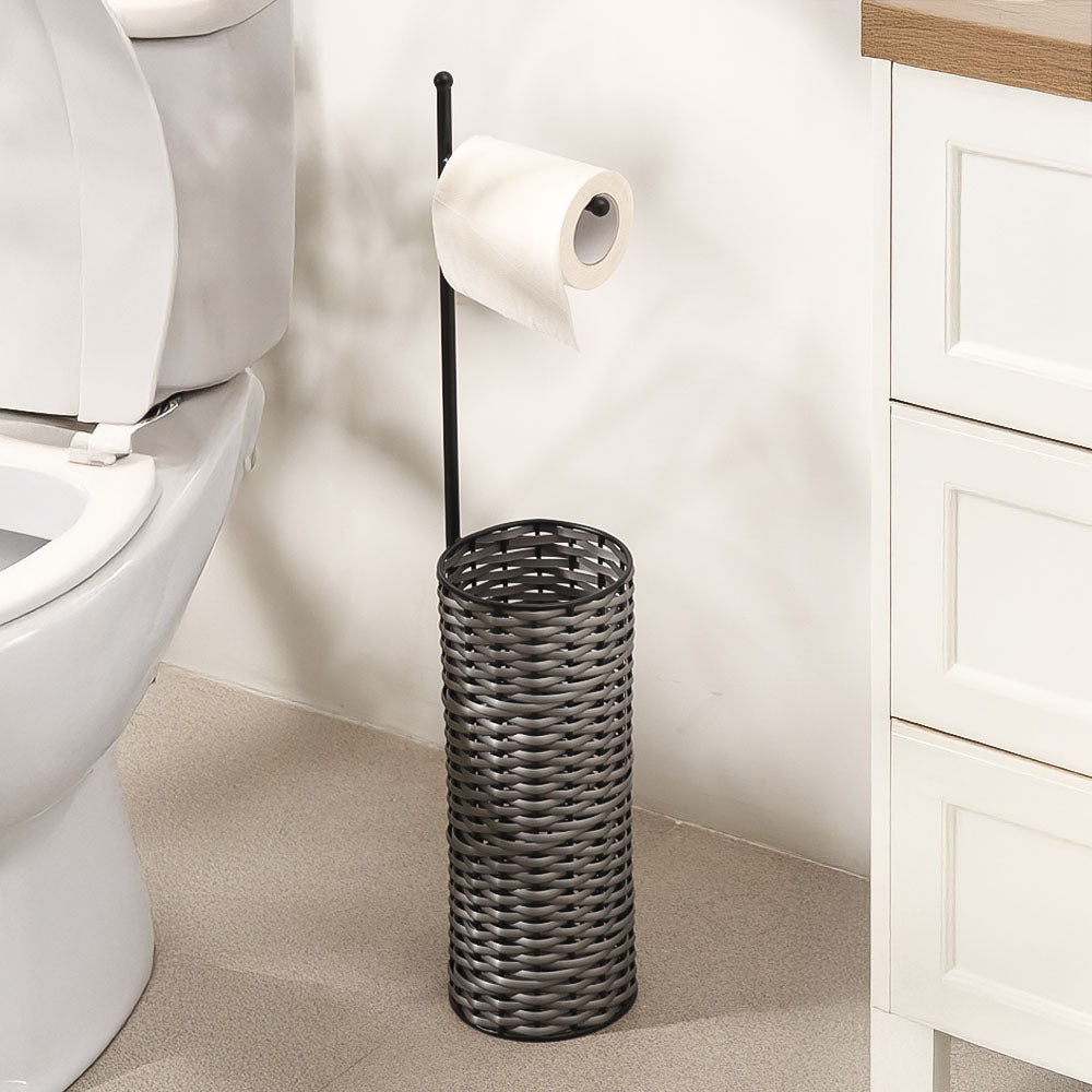 Wicker Toilet Roll Holder with Storage - Grey Black