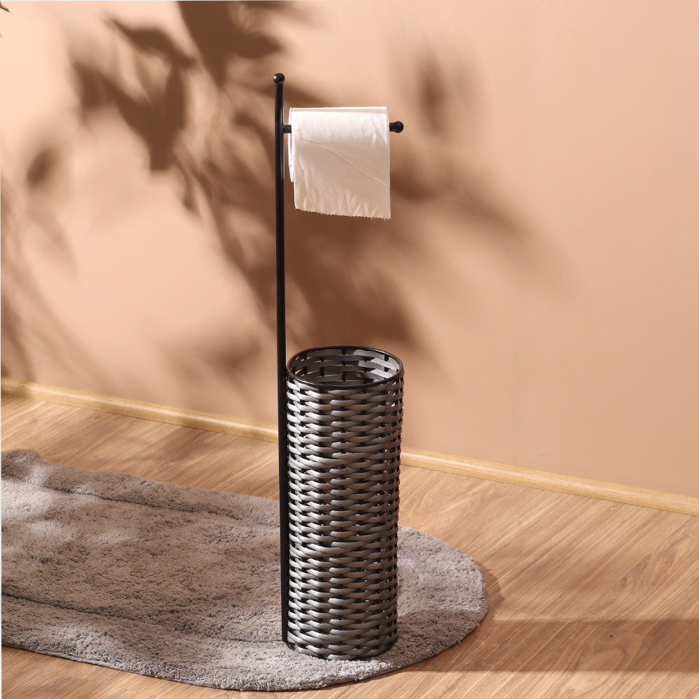 Wicker Toilet Roll Holder with Storage - Grey Black