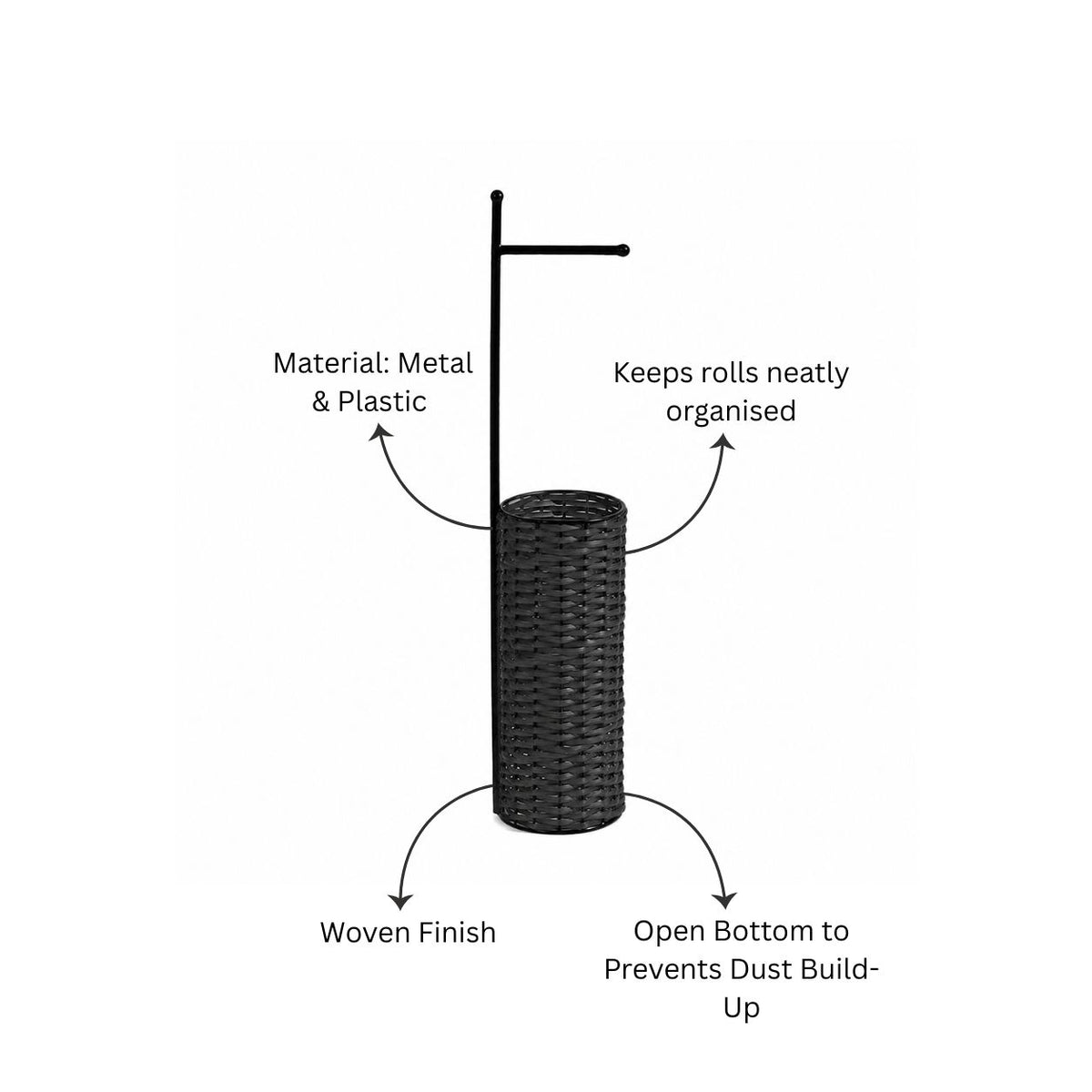 Wicker Toilet Roll Holder with Storage - Charcoal Black