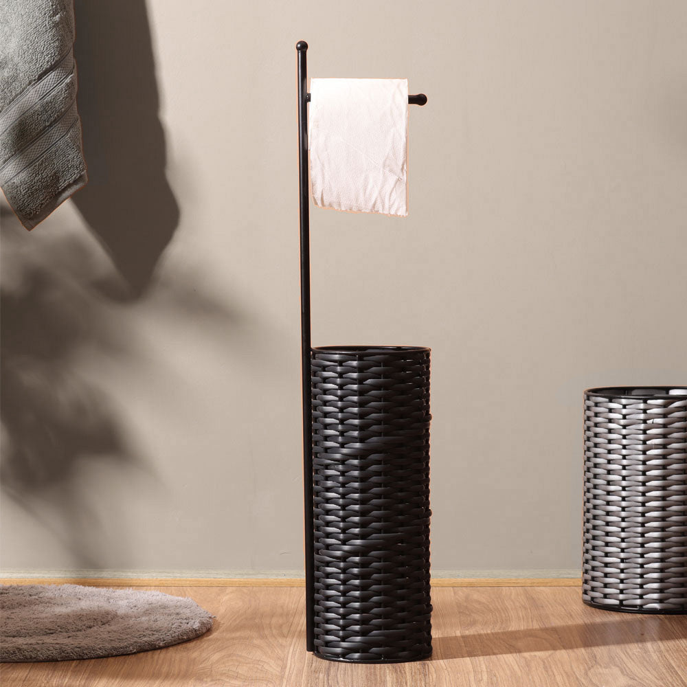 Wicker Toilet Roll Holder with Storage - Charcoal Black