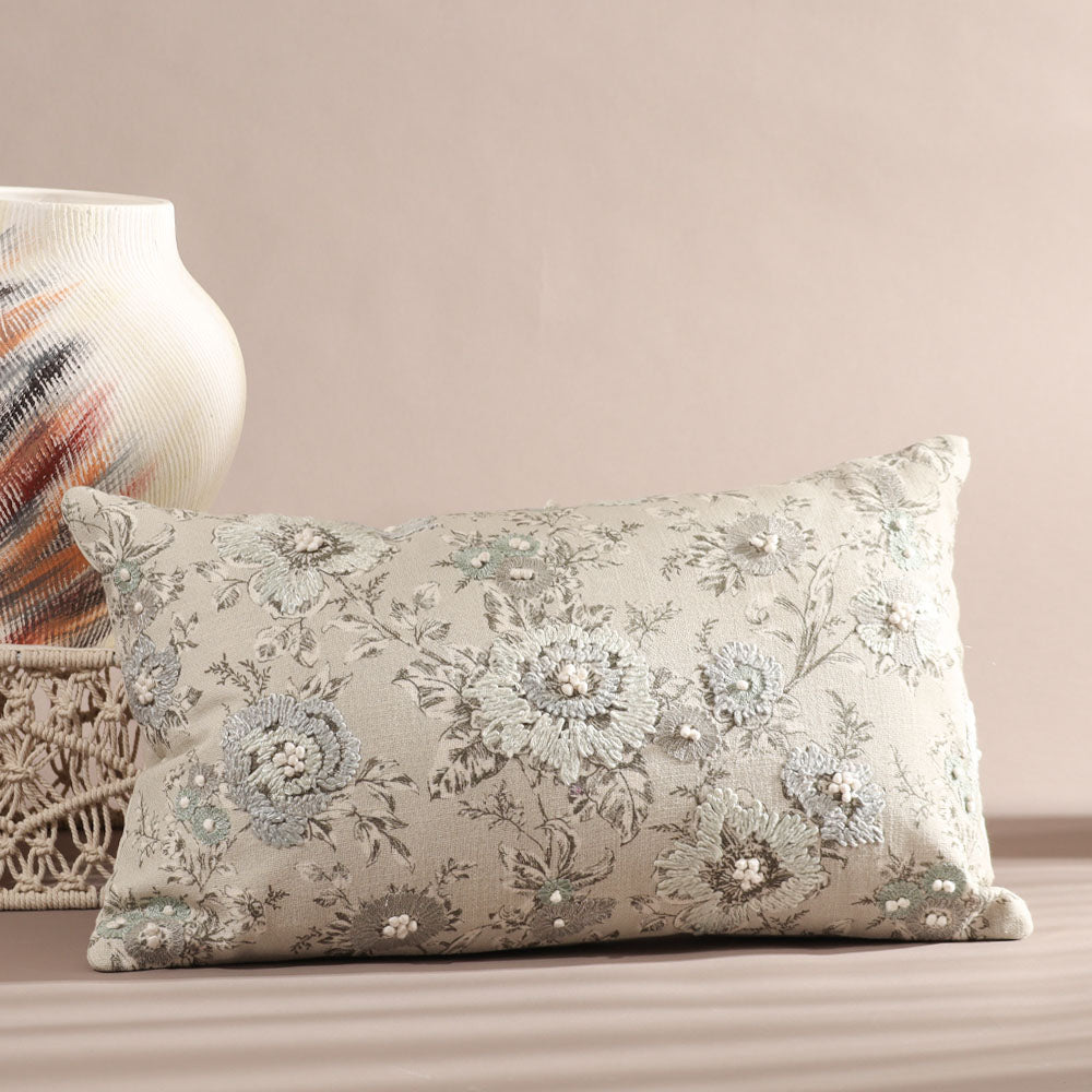 Windflower Rectangular Embroidered & Printed Cotton Cushion Cover 50x30cm - Blue Grey