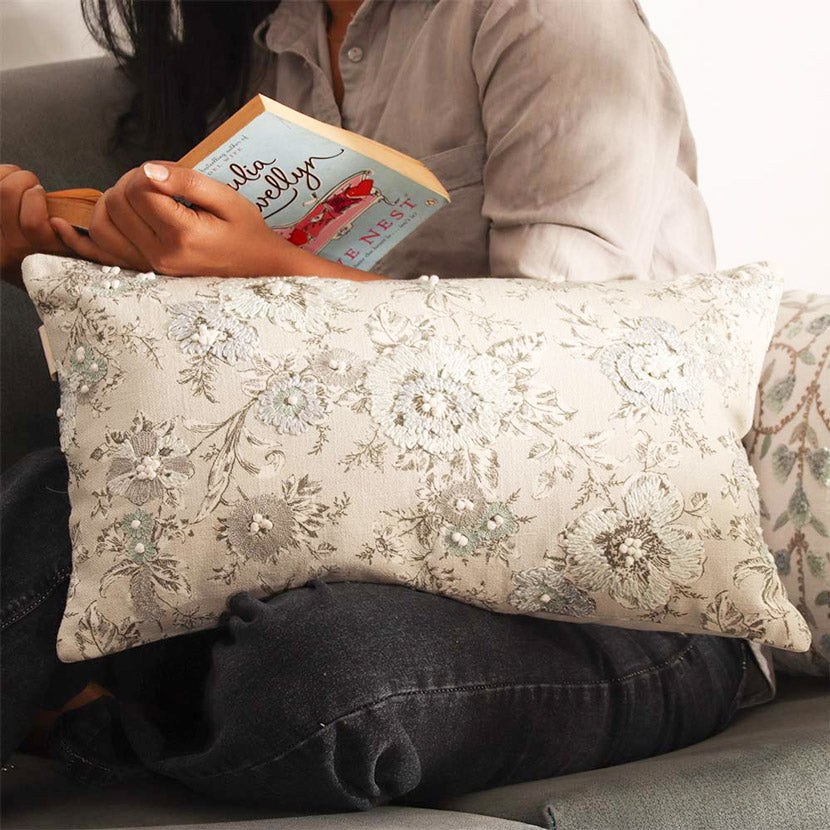 Windflower Rectangular Embroidered & Printed Cotton Cushion Cover 50x30cm - Blue Grey