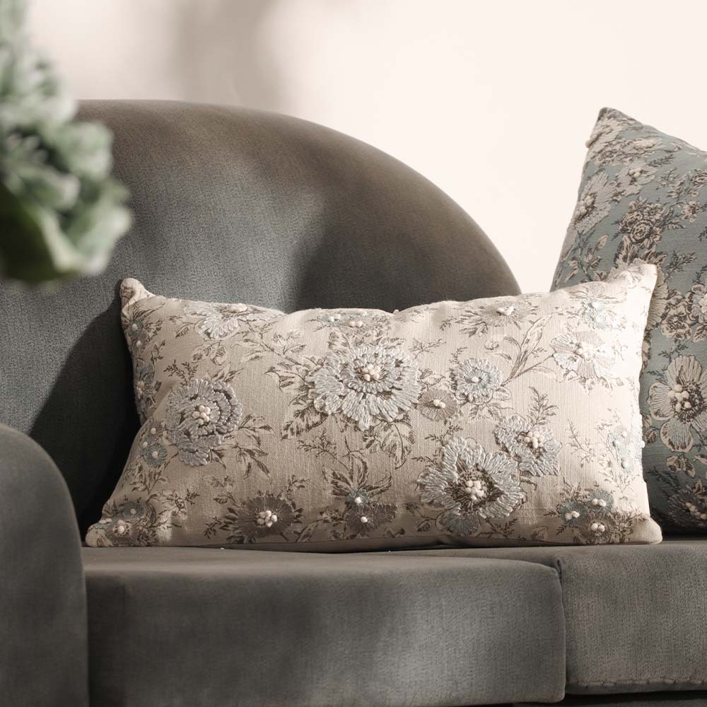 Windflower Rectangular Embroidered & Printed Cotton Cushion Cover 50x30cm - Blue Grey