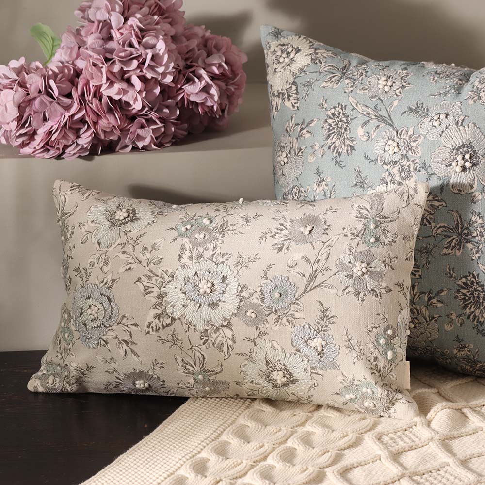 Windflower Rectangular Embroidered & Printed Cotton Cushion Cover 50x30cm - Blue Grey