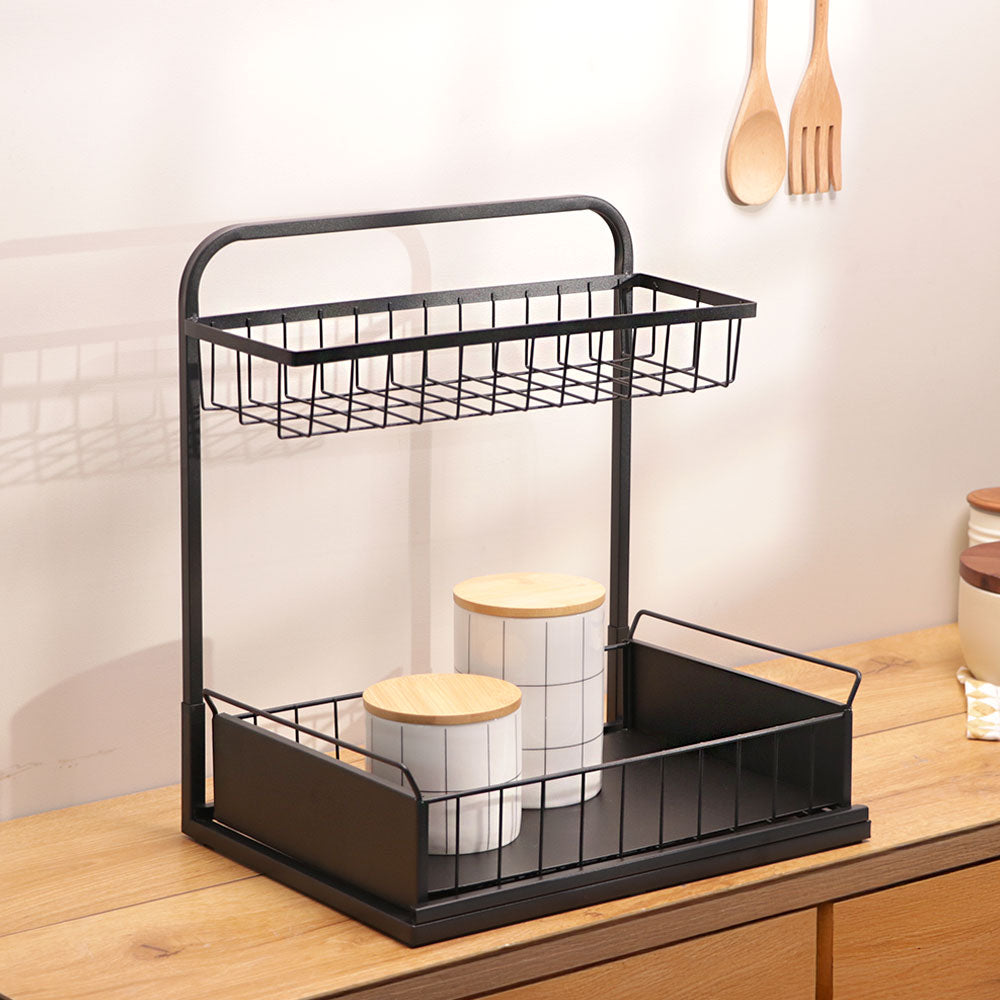 Wire 2-Tier Shelf with Sliding Tray - Black