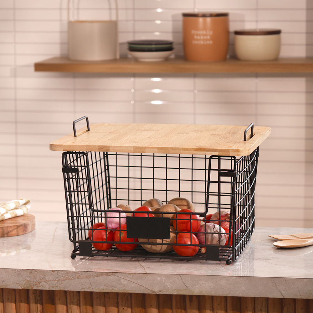 Wire Stackable Storage Bin with Lid - Black Natural