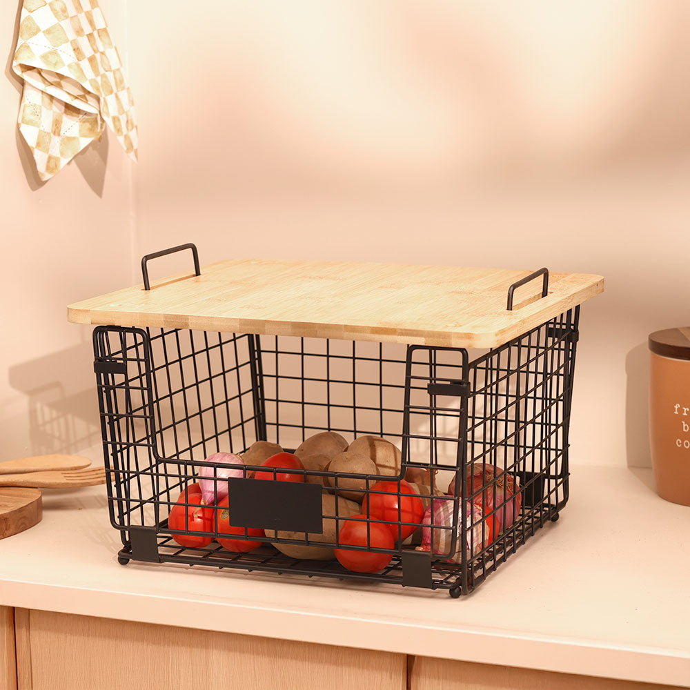 Wire Stackable Storage Bin with Lid - Black Natural