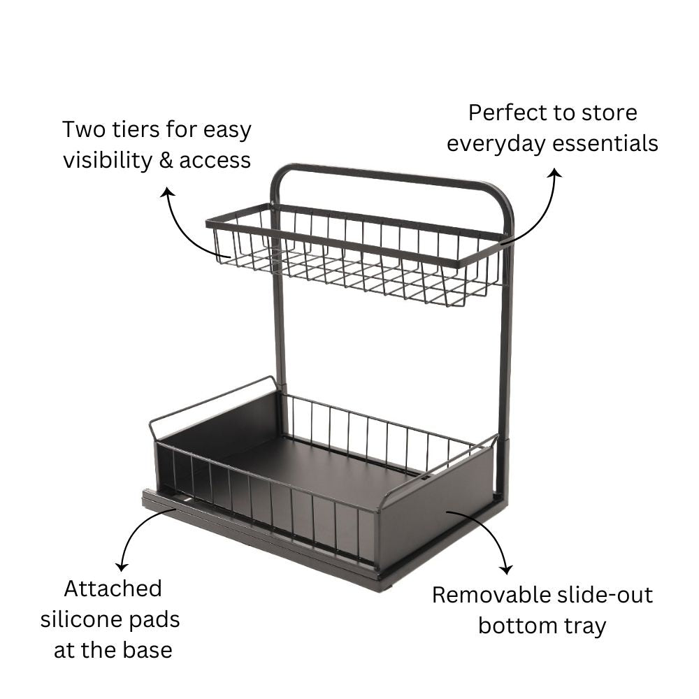 Wire 2-Tier Shelf with Sliding Tray - Black
