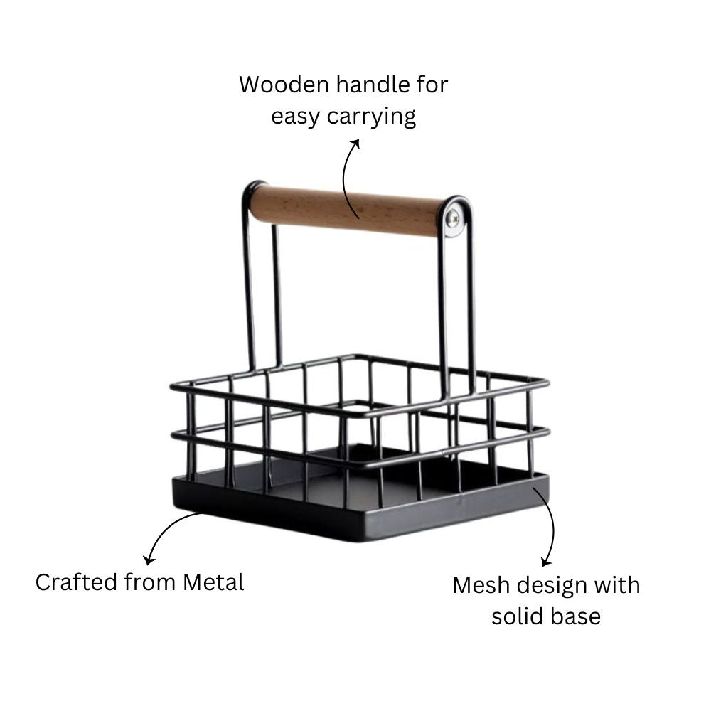 Wire Condiment Caddy with Wooden Handle - Black