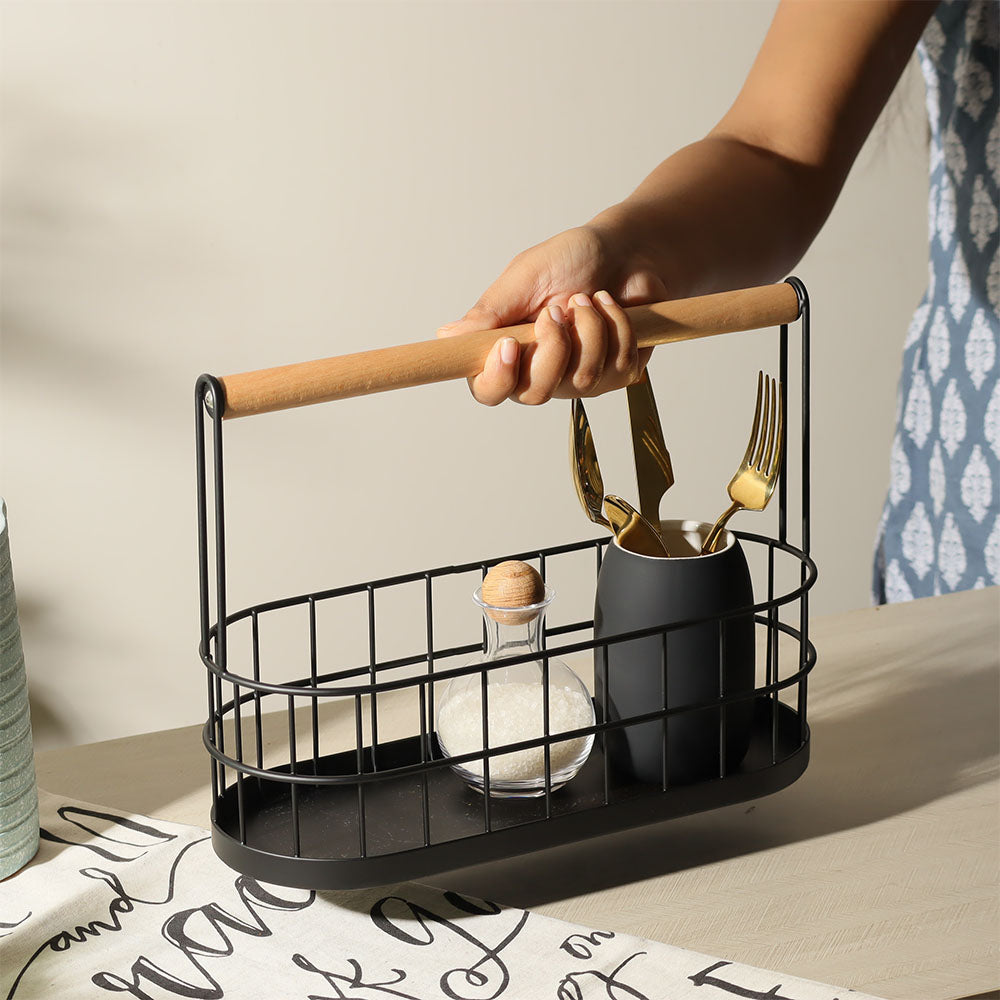 Wire Oval Caddy with Wooden Handle - Black