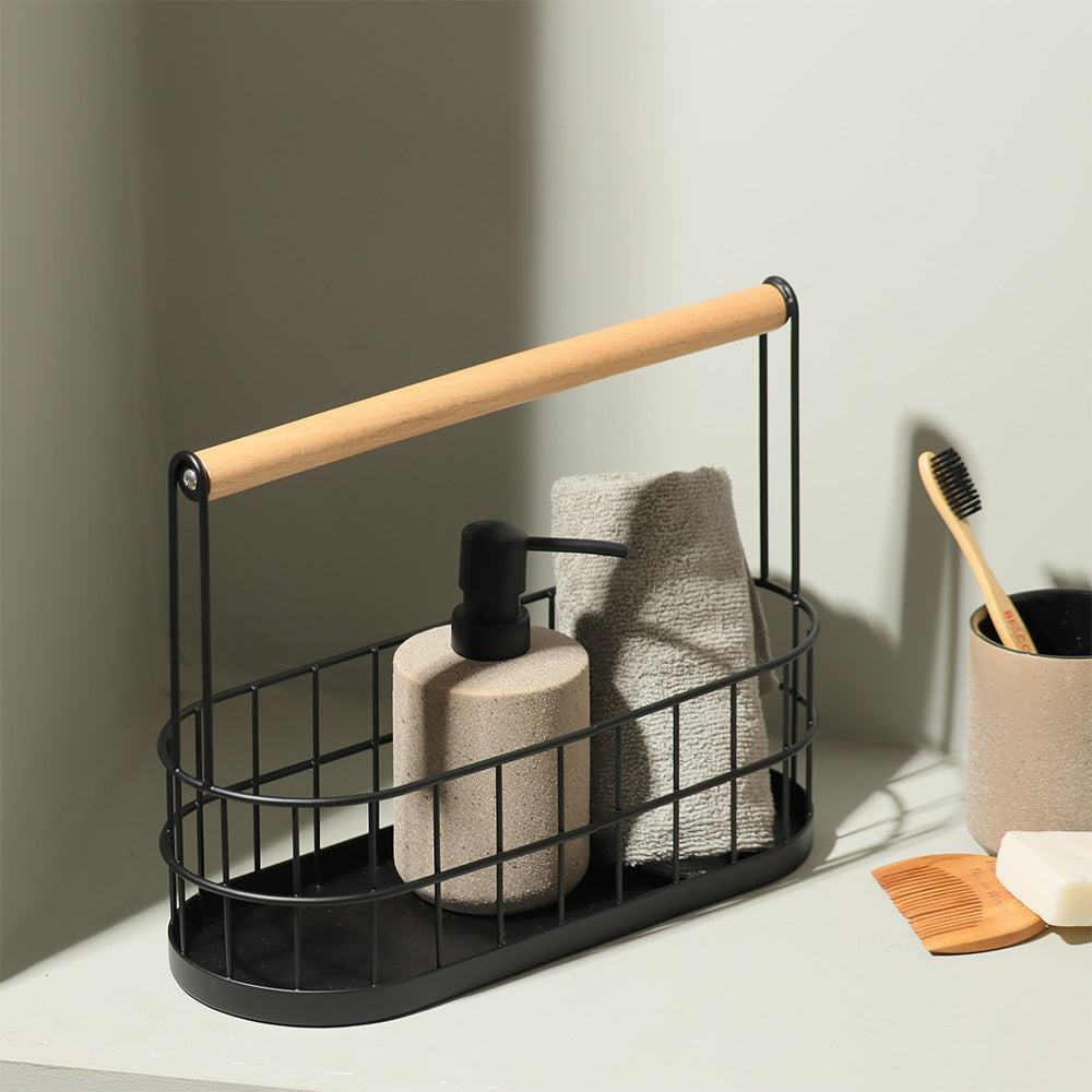 Wire Oval Caddy with Wooden Handle - Black