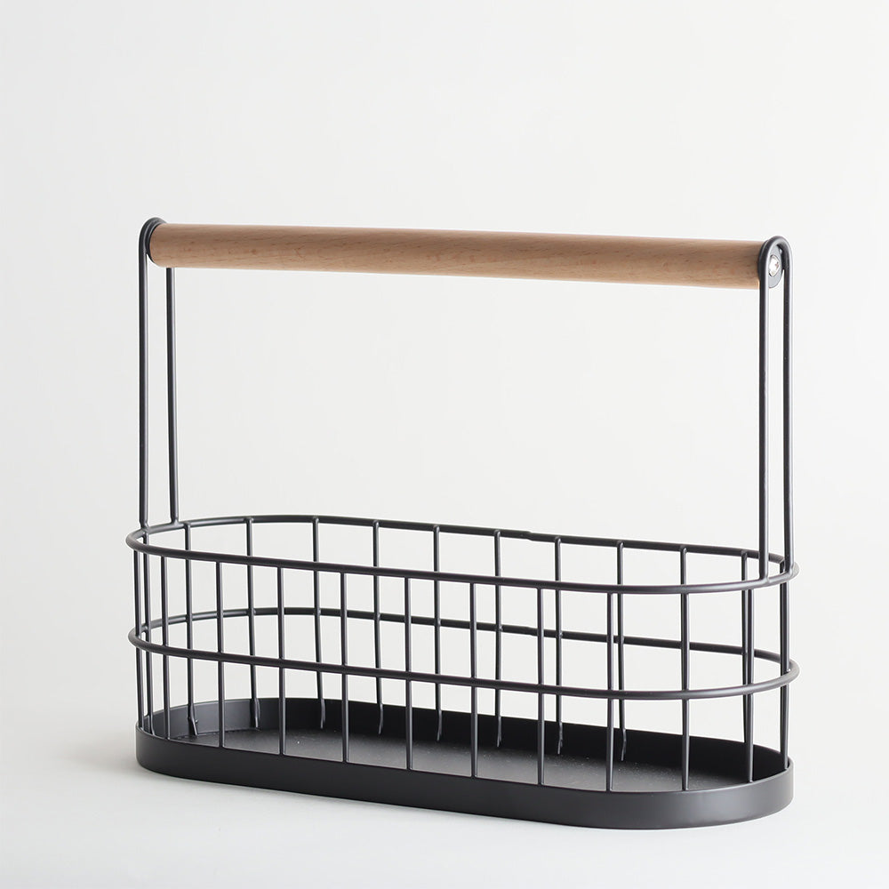 Wire Oval Caddy with Wooden Handle - Black