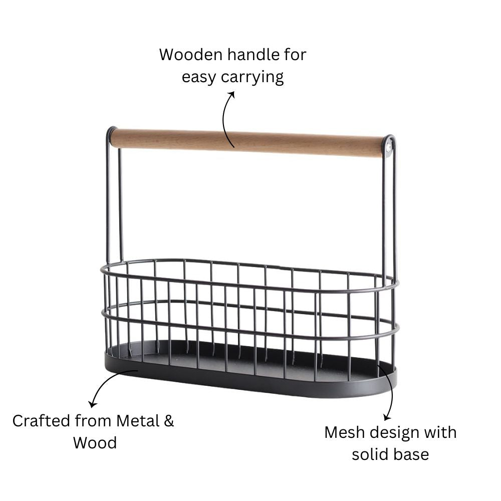Wire Oval Caddy with Wooden Handle - Black