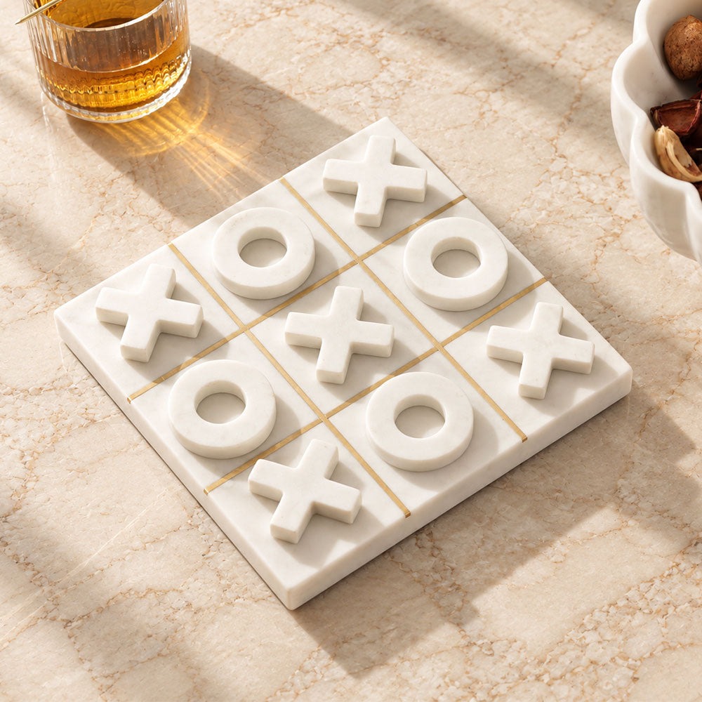 Xs and Os Marble & Brass Tabletop Game Medium - White Gold