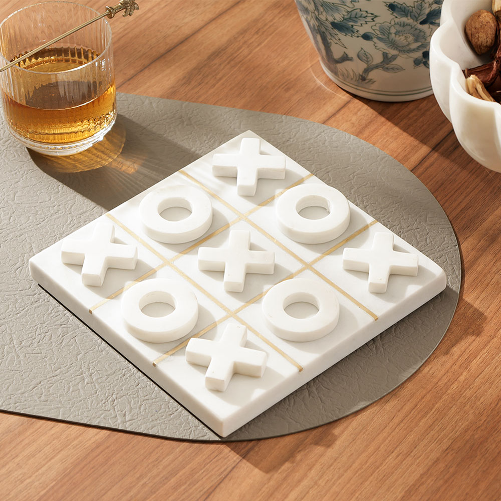Xs and Os Marble & Brass Tabletop Game Medium - White Gold