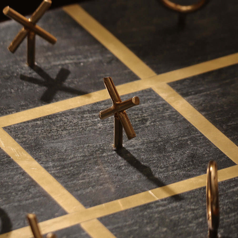 Xs and Os Marble & Brass Tabletop Game Large - Black Gold