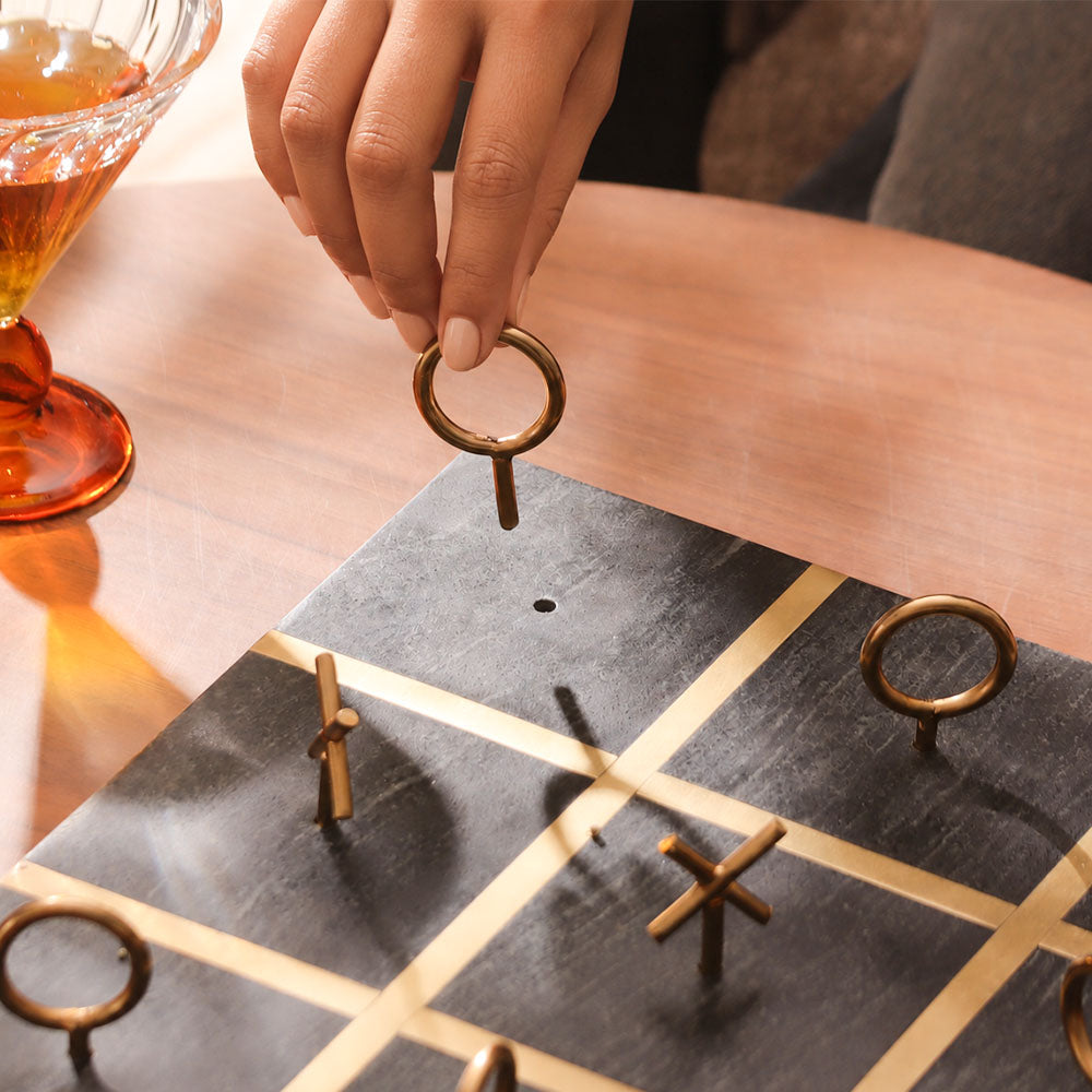 Xs and Os Marble & Brass Tabletop Game Large - Black Gold