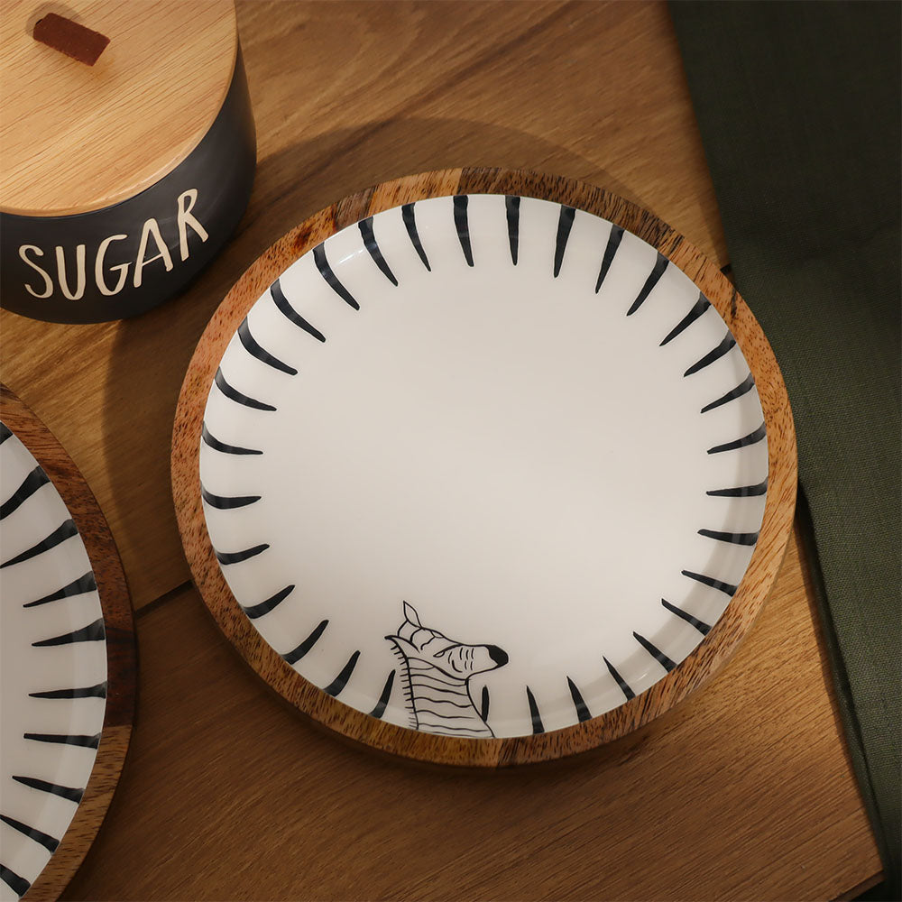 Zebra Wooden Round Serving Plate Small - White Black