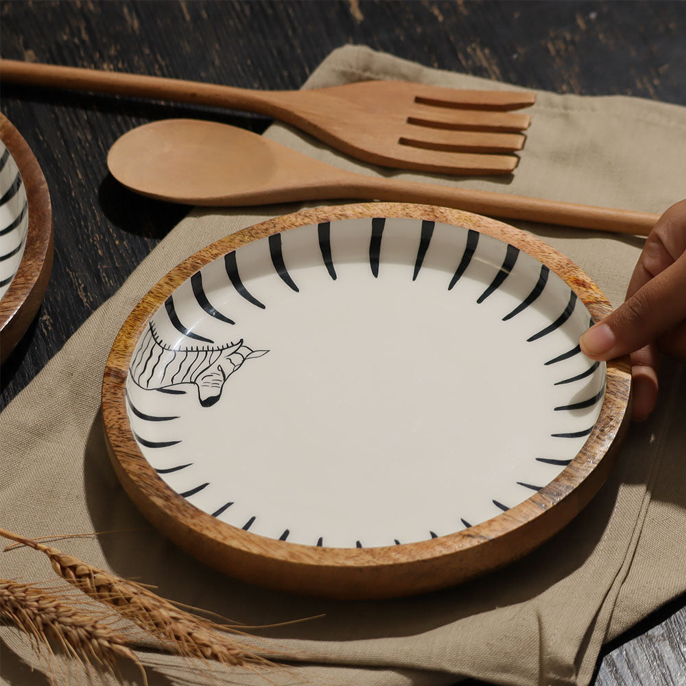 Zebra Wooden Round Serving Plate Small - White Black
