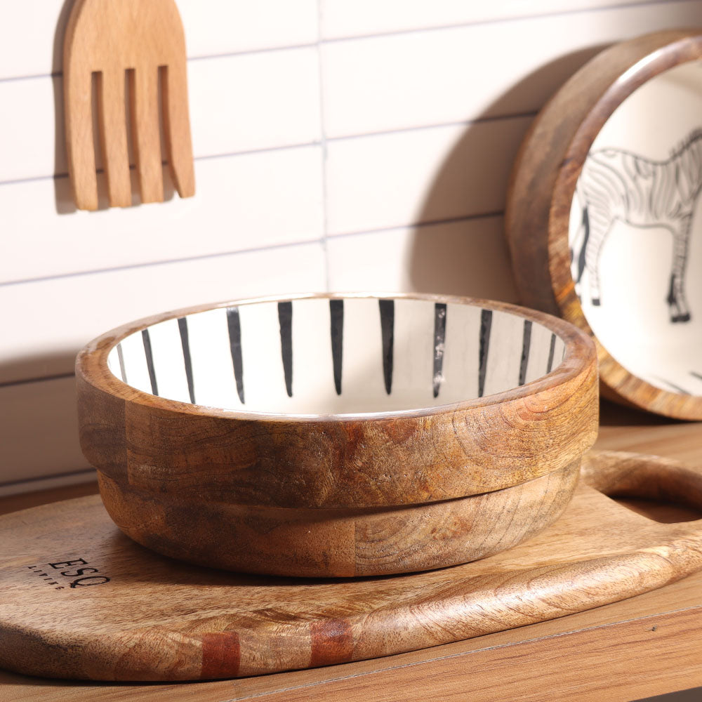 Zebra Wooden Serving Bowl Medium - White Black